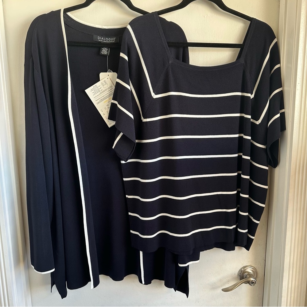 Dialogue Navy and White Striped Short Sleeve Top with Matching Navy Cardigan